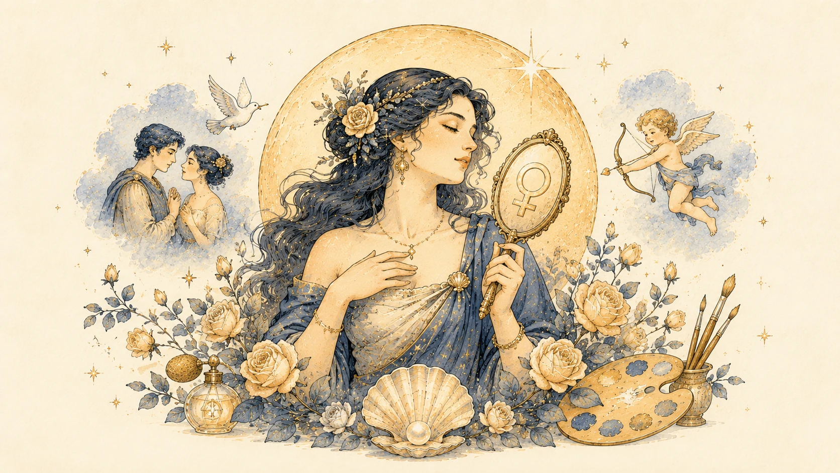 Minh họa Sao Kim trong bản đồ sao qua tình yêu, gu thẩm mỹ và cách một người thể hiện sự hấp dẫn