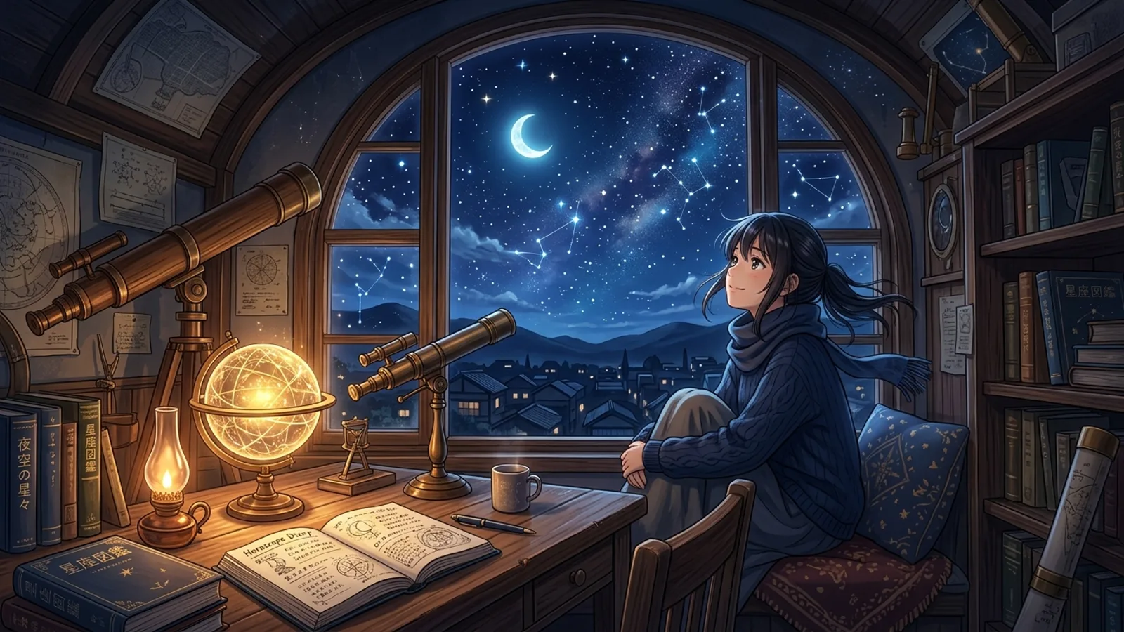 Minh họa anime ngắm ánh trăng và bầu trời sao chiêm tinh qua khung cửa đài quan sát mỗi ngày