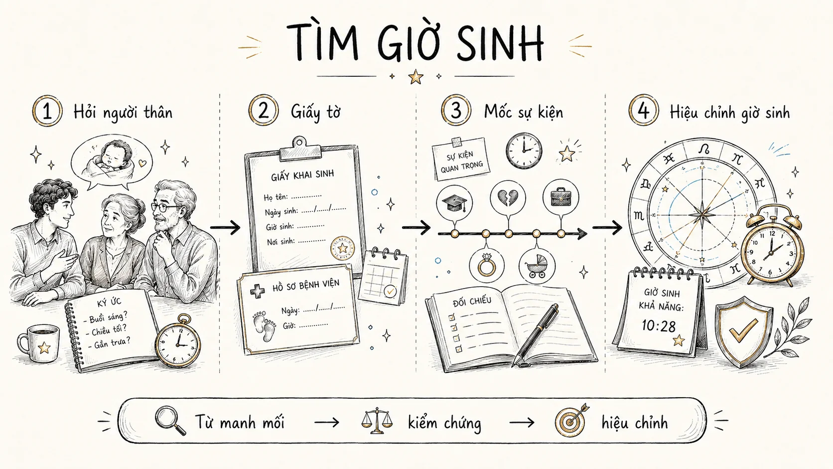 Sơ đồ các bước tìm kiếm thông tin và hiệu chỉnh giờ sinh bản đồ sao