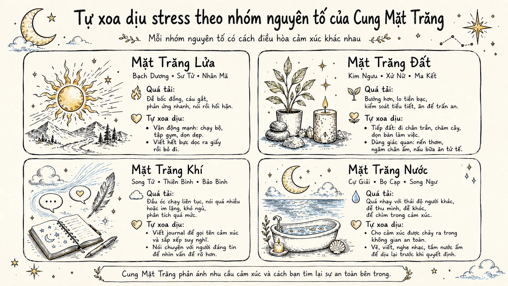 Phương pháp tự xoa dịu cảm xúc cho bốn nhóm nguyên tố chiêm tinh ứng dụng